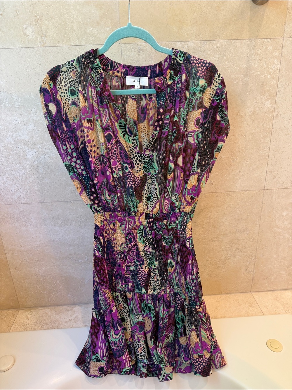 A.L.C. Multicolor Floral-Print Mini Dress in Purple and Teal